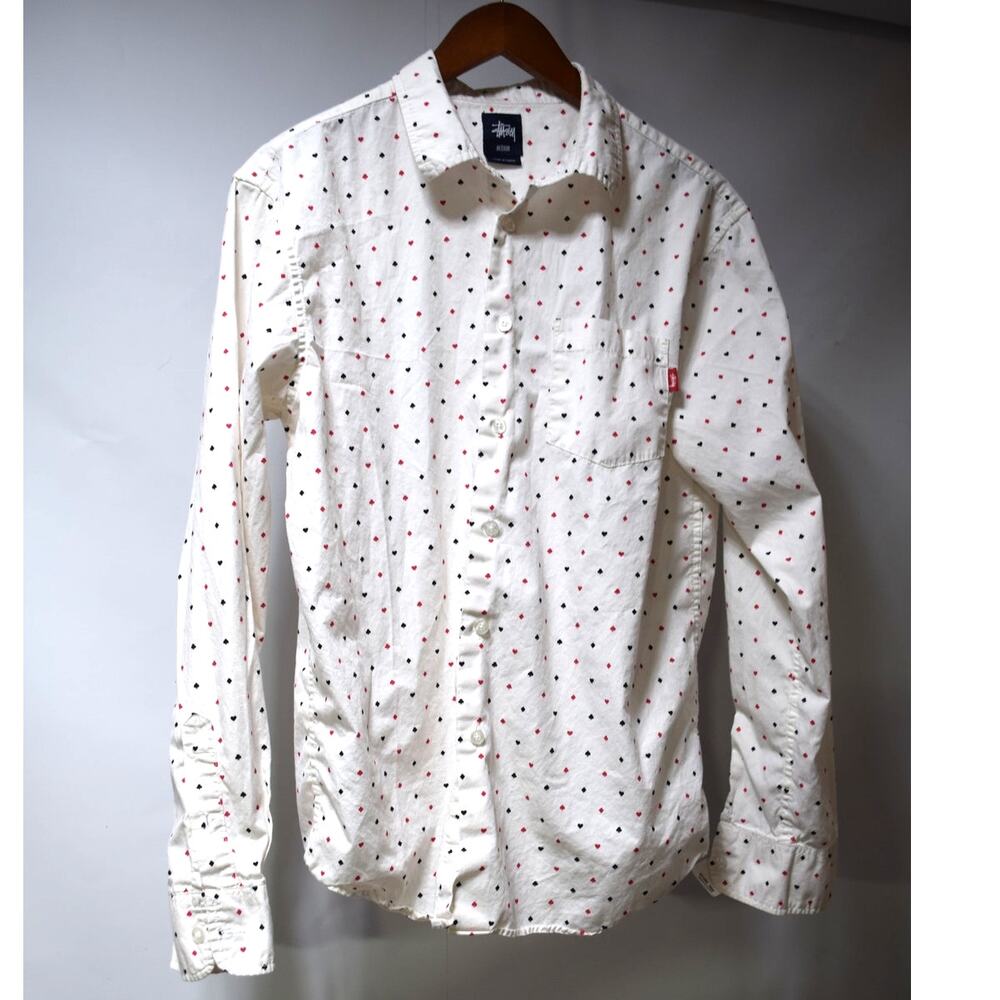 Stüssy Medium White Playing Card Suit Print Long Sleeve Button-Up Shirt